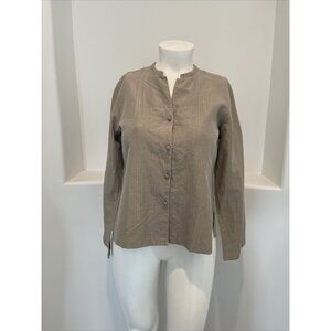 Eileen  Fisher collarless Button Up Gray Silk Cotton Blend Tunic Top  Size L